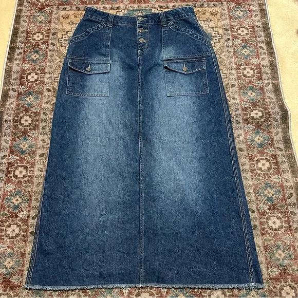 Vintage Y2K No Boundaries Blue denim maxi skirt with pockets size 11 - Picture 3 of 8